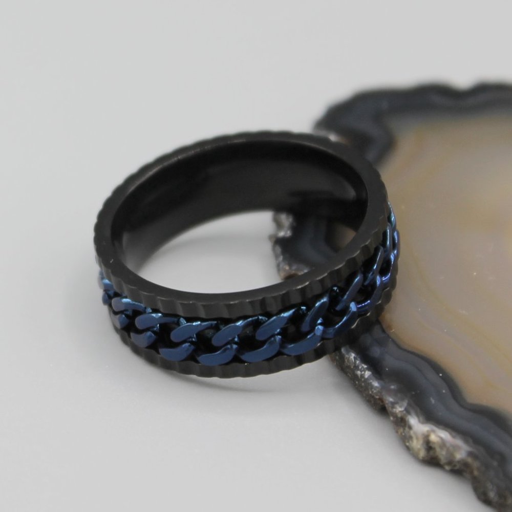Jewelry ring band 8mm wide blue black stainless steel chain design polished new